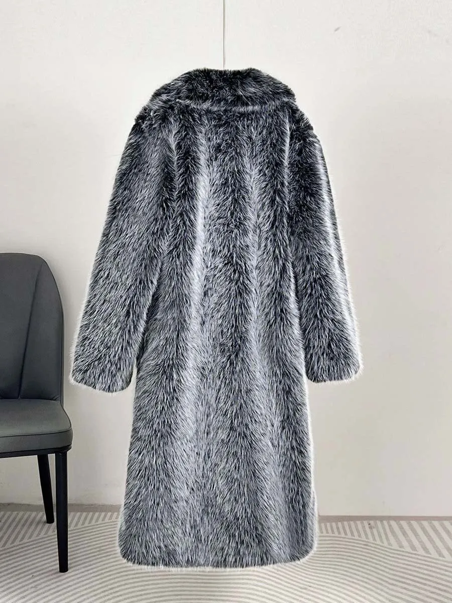 Wide Lapel Faux Fur Long Coat