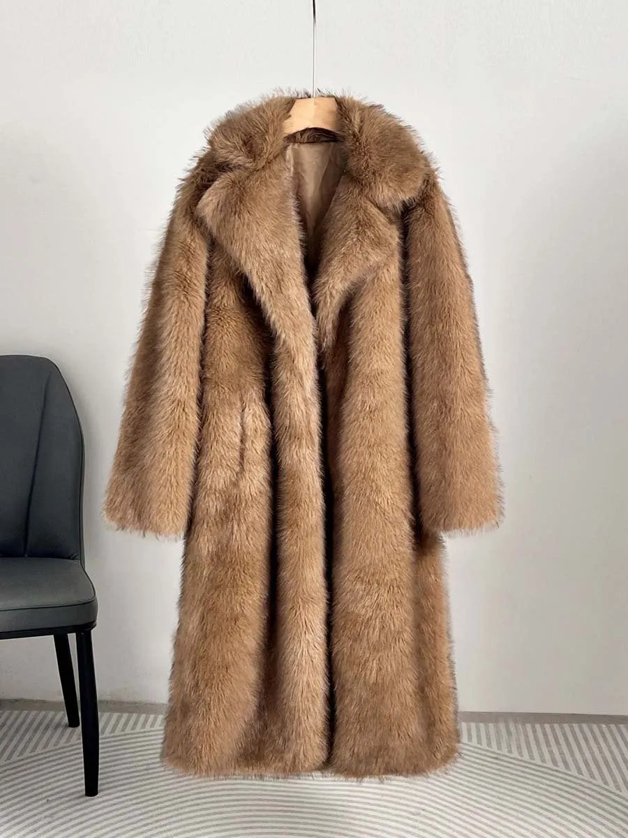 Wide Lapel Faux Fur Long Coat