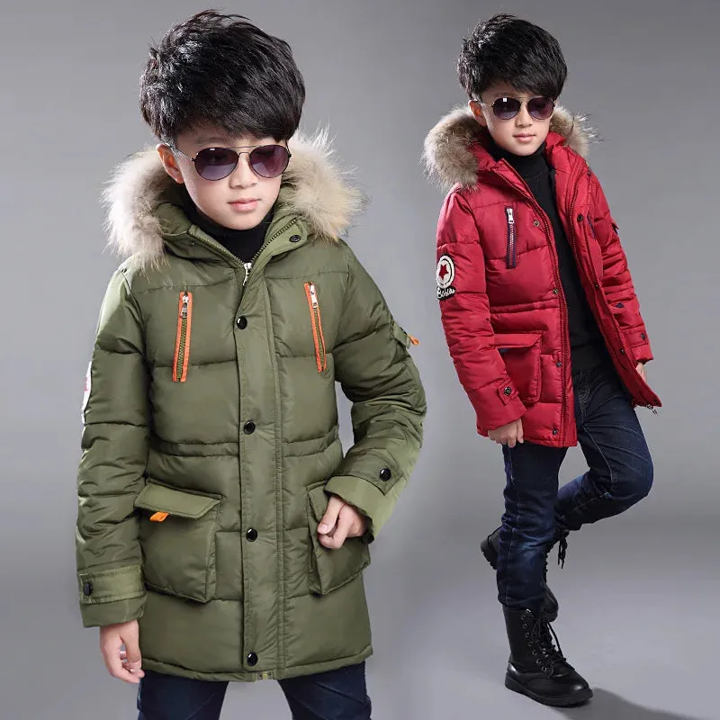 Winter Thicken Warm Teenager Kids Jacket Fashion Long Style Zipper Hooded Children Outerwear 5-14 Years Big Boys Jacket