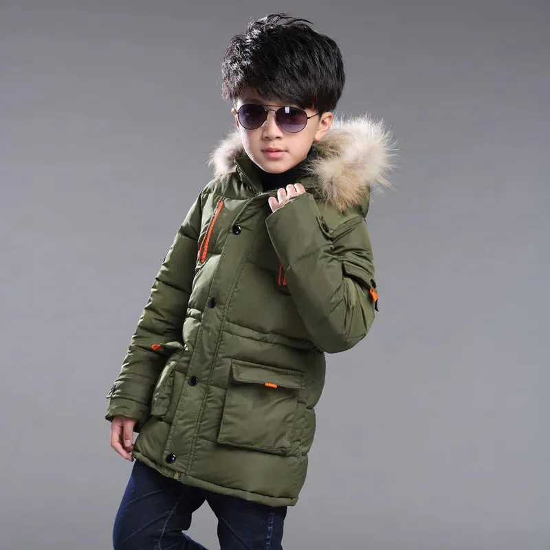 Winter Thicken Warm Teenager Kids Jacket Fashion Long Style Zipper Hooded Children Outerwear 5-14 Years Big Boys Jacket