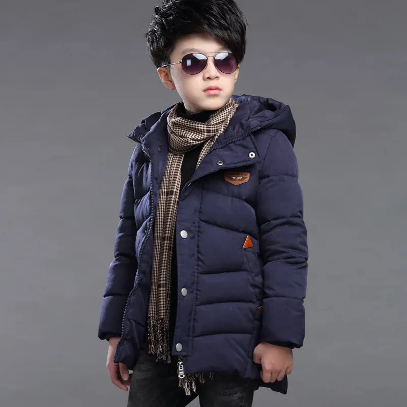 Winter Thicken Warm Teenager Kids Jacket Fashion Long Style Zipper Hooded Children Outerwear 5-14 Years Big Boys Jacket