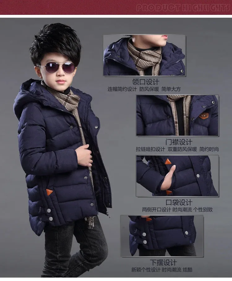 Winter Thicken Warm Teenager Kids Jacket Fashion Long Style Zipper Hooded Children Outerwear 5-14 Years Big Boys Jacket