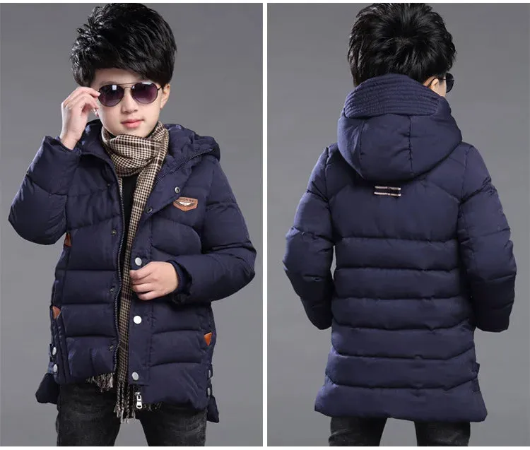 Winter Thicken Warm Teenager Kids Jacket Fashion Long Style Zipper Hooded Children Outerwear 5-14 Years Big Boys Jacket