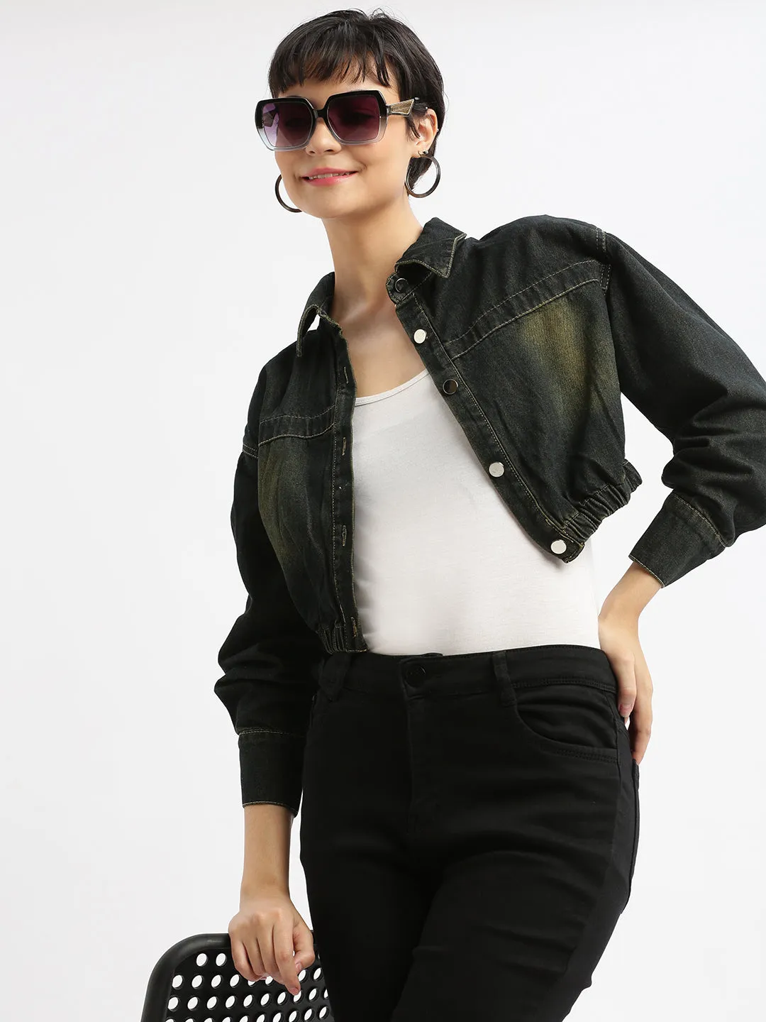 Women Black Crop Denim Jacket