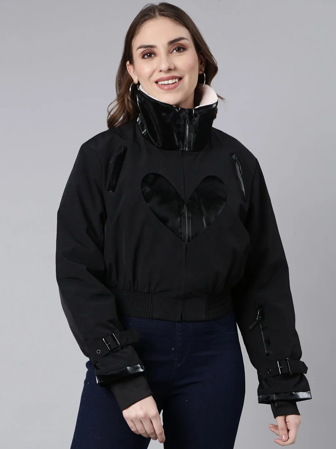 Women Solid Black Crop Puffer Jacket