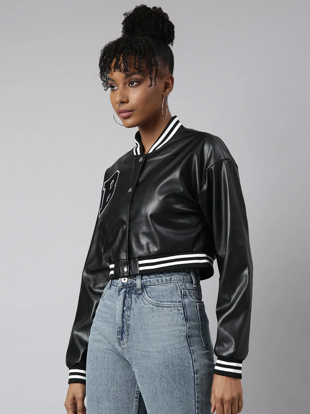 Women Solid Crop Black Drop Shoulder Oversized Varsity Jacket