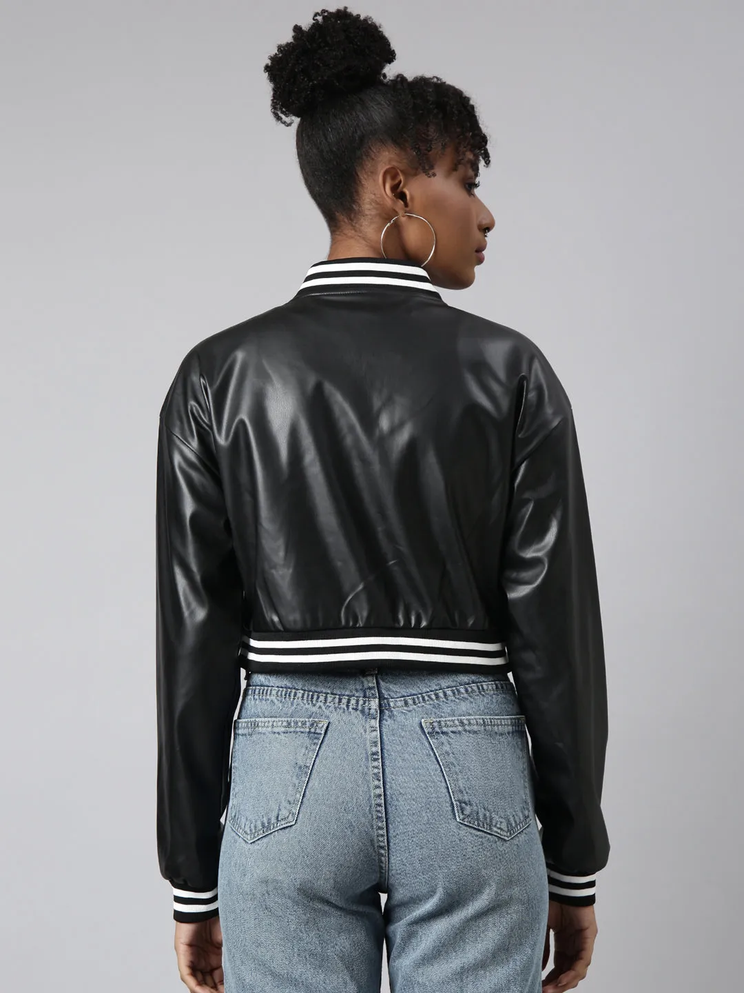 Women Solid Crop Black Drop Shoulder Oversized Varsity Jacket