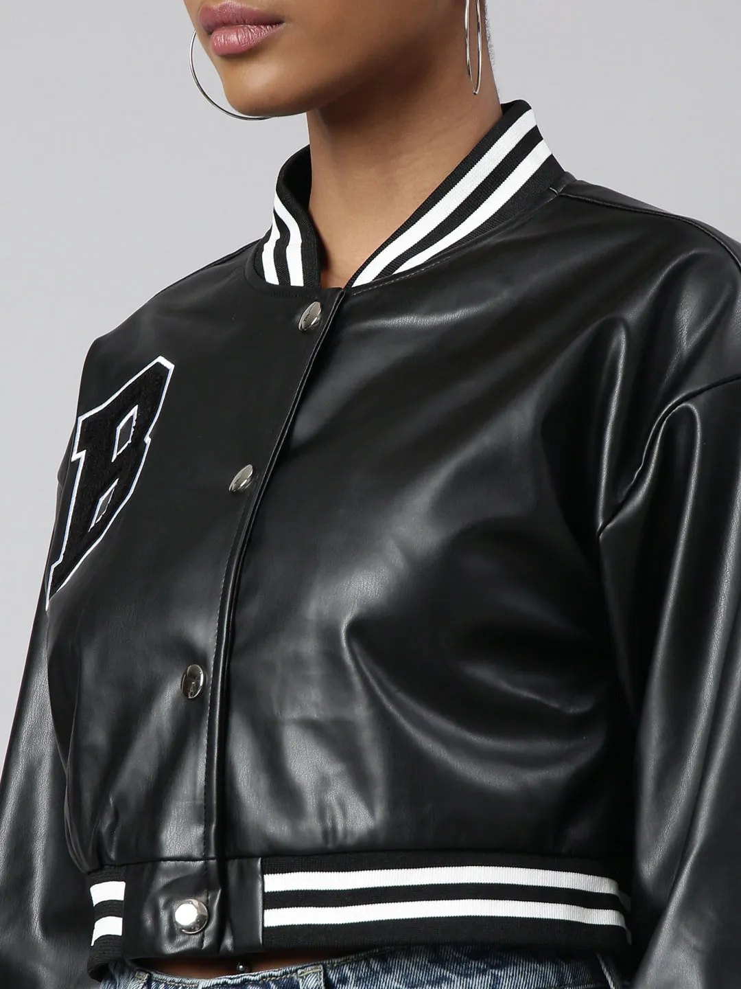 Women Solid Crop Black Drop Shoulder Oversized Varsity Jacket