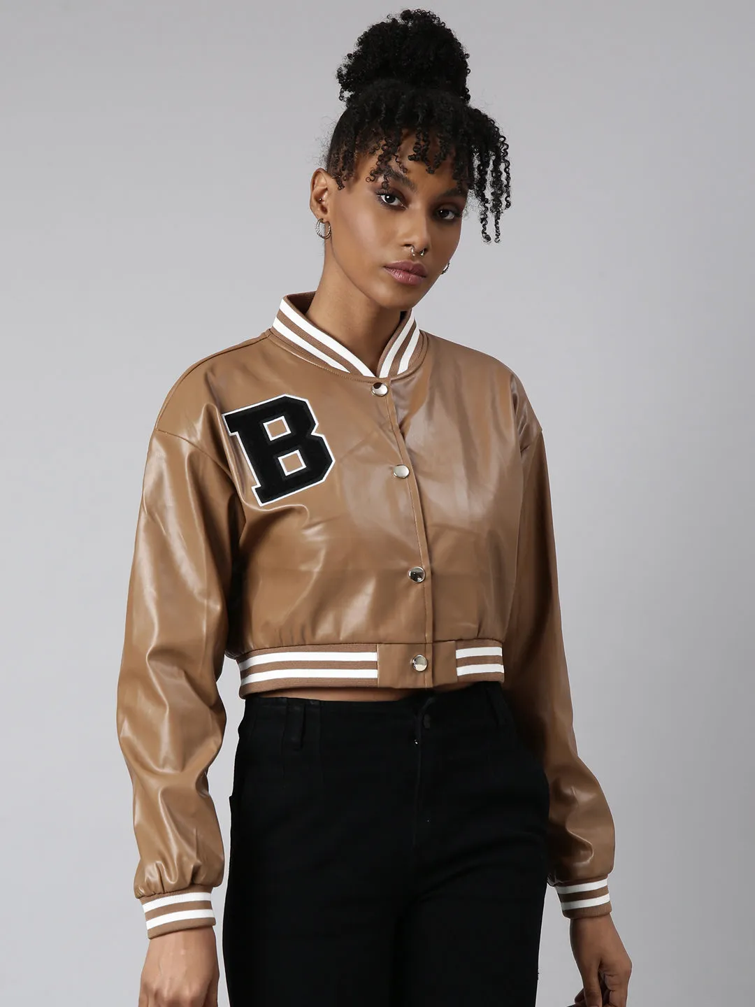 Women Solid Crop Brown Drop Shoulder Oversized Varsity Jacket