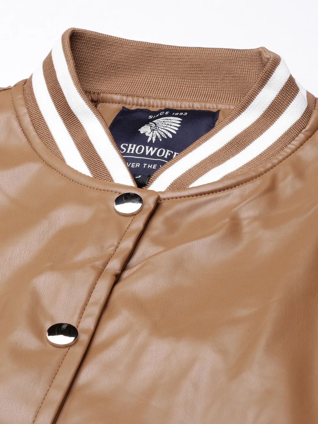 Women Solid Crop Brown Drop Shoulder Oversized Varsity Jacket