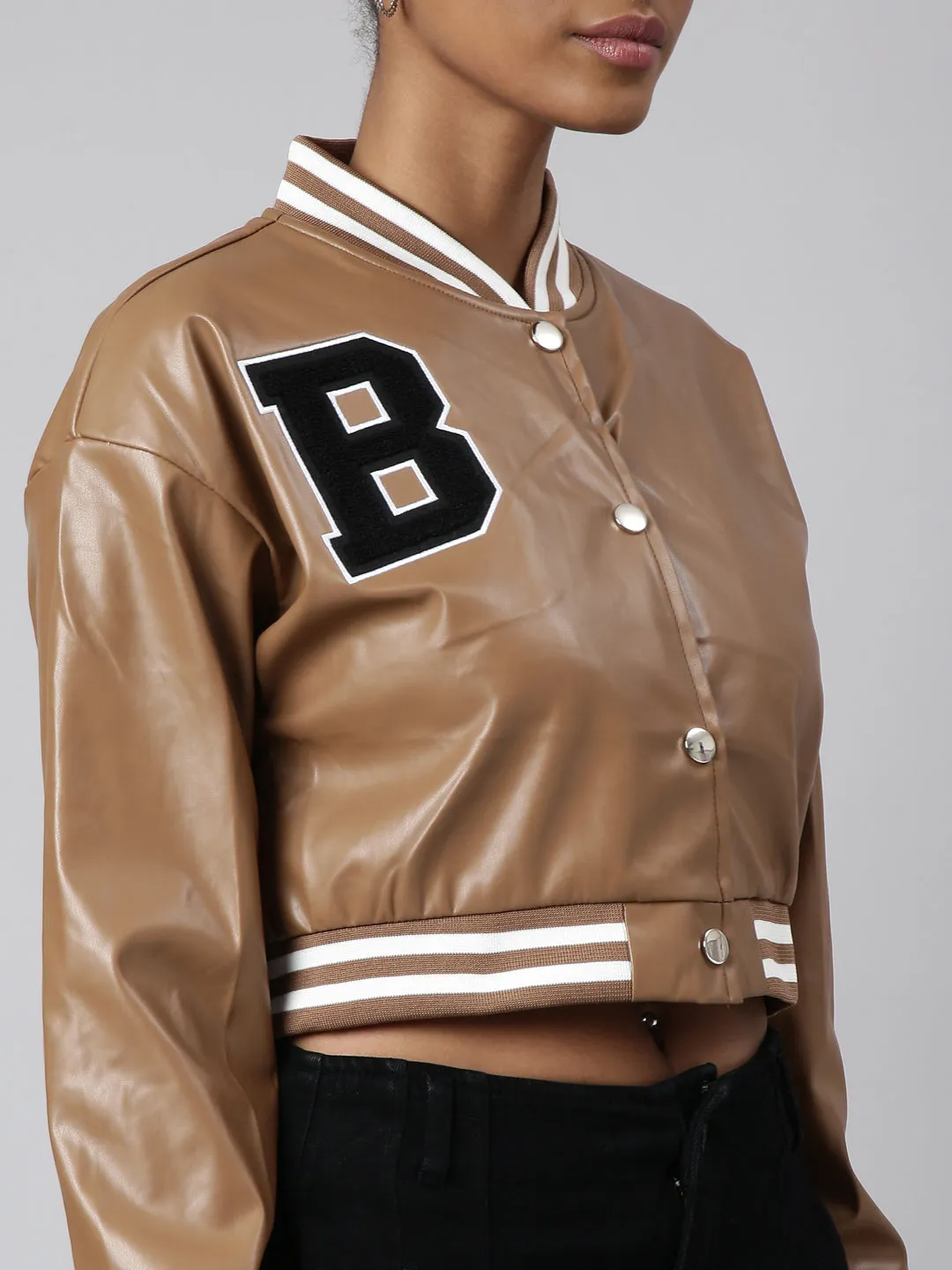 Women Solid Crop Brown Drop Shoulder Oversized Varsity Jacket