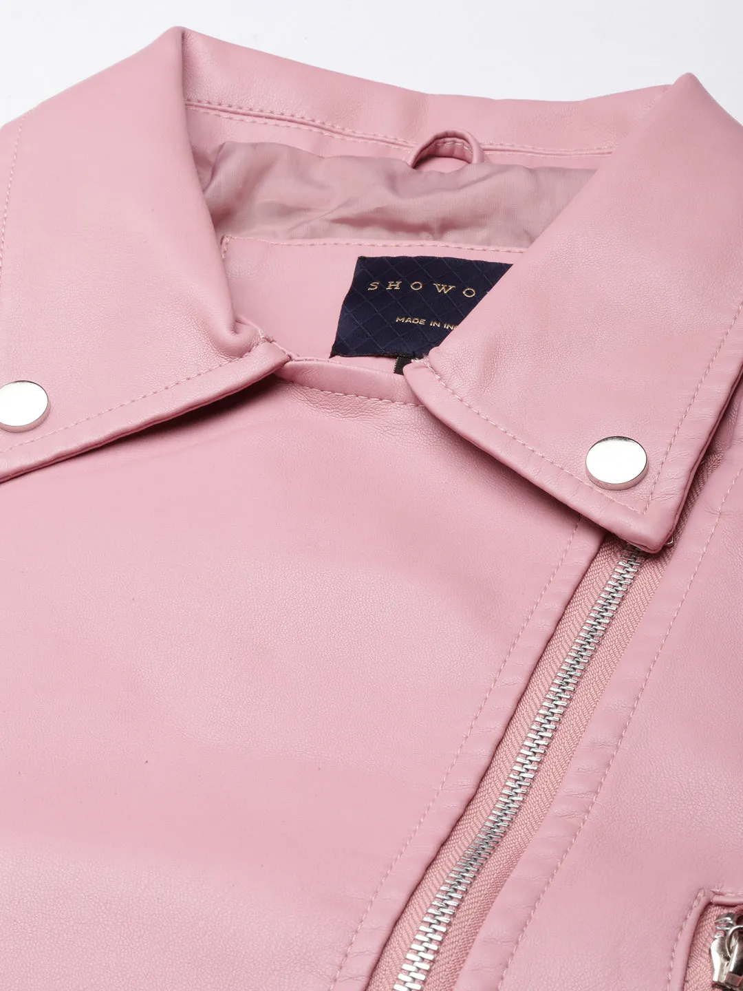 Women Solid Crop Pink Biker Jacket