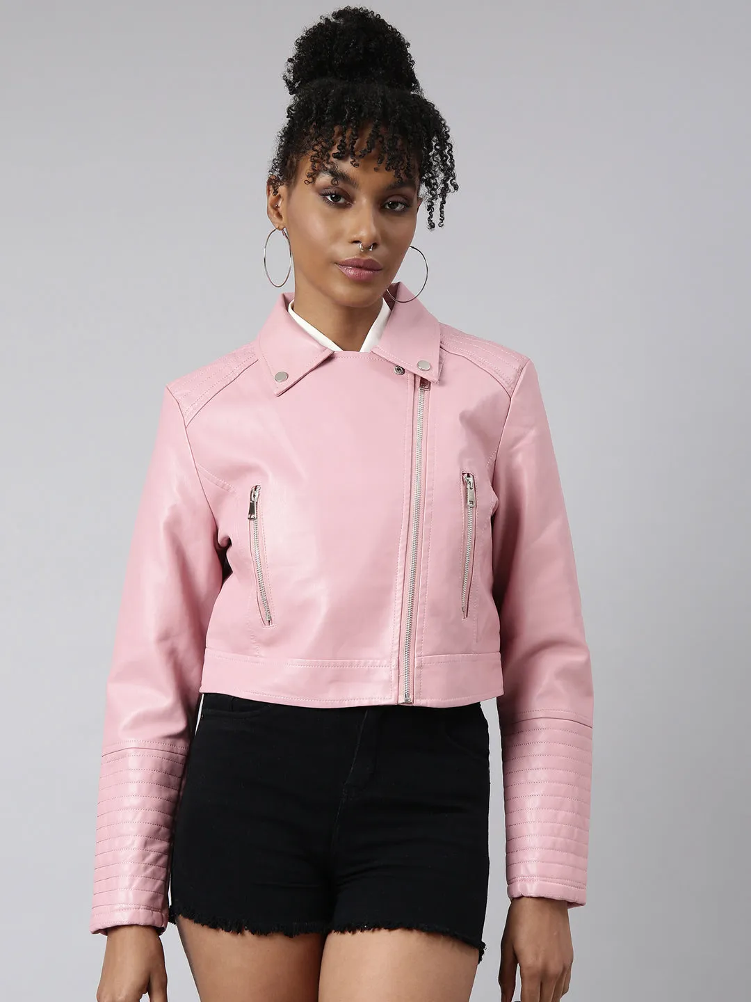 Women Solid Crop Pink Biker Jacket