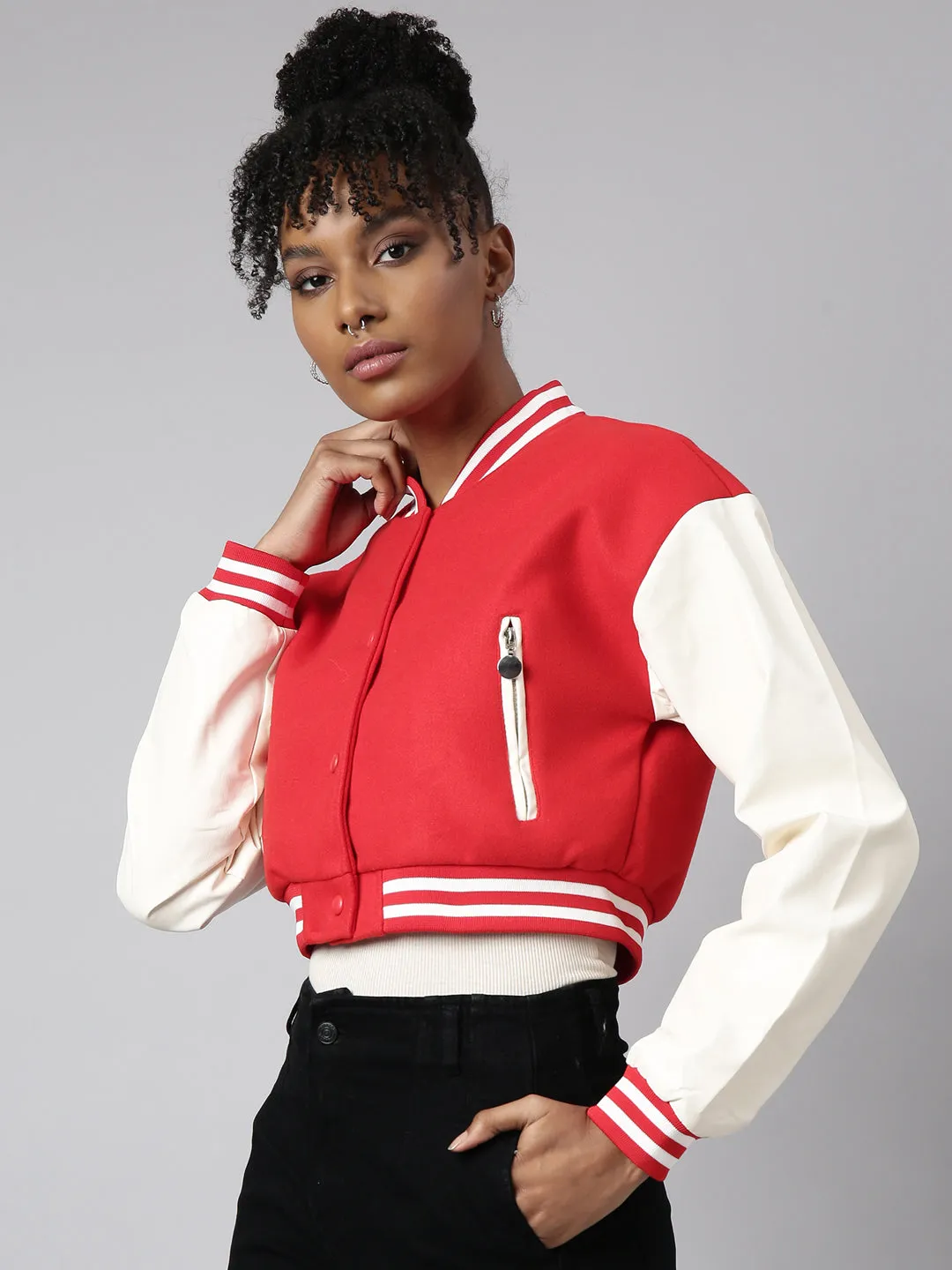 Women Solid Crop Red Drop Shoulder Oversized Varsity Jacket