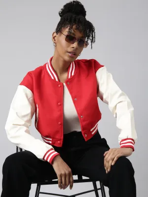 Women Solid Crop Red Drop Shoulder Oversized Varsity Jacket