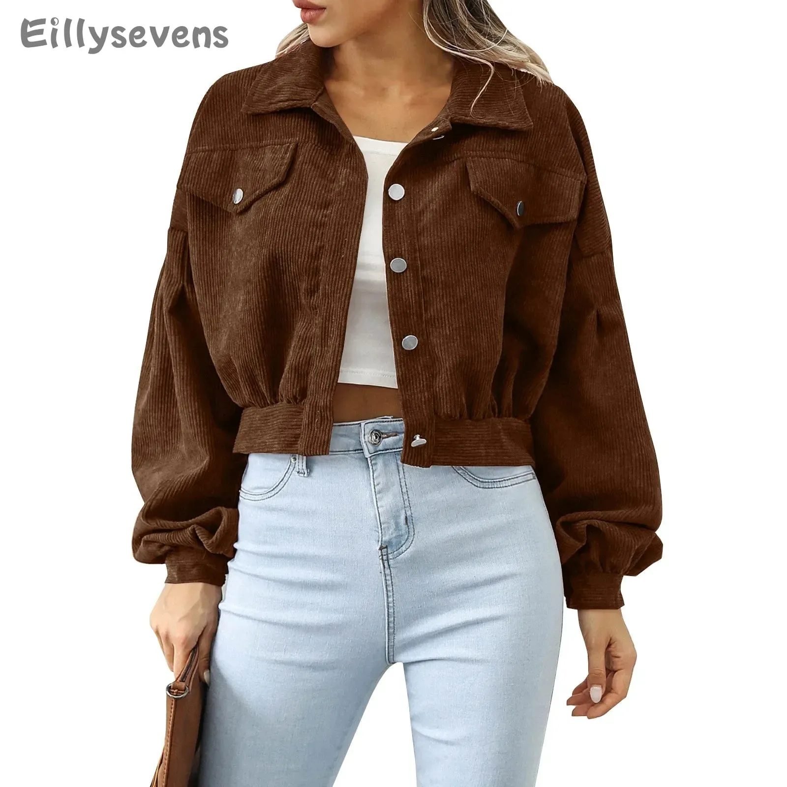 Women Solid Cropped Jackets Coat Long Sleeve With Buttons Chic Tops