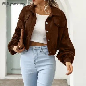 Women Solid Cropped Jackets Coat Long Sleeve With Buttons Chic Tops