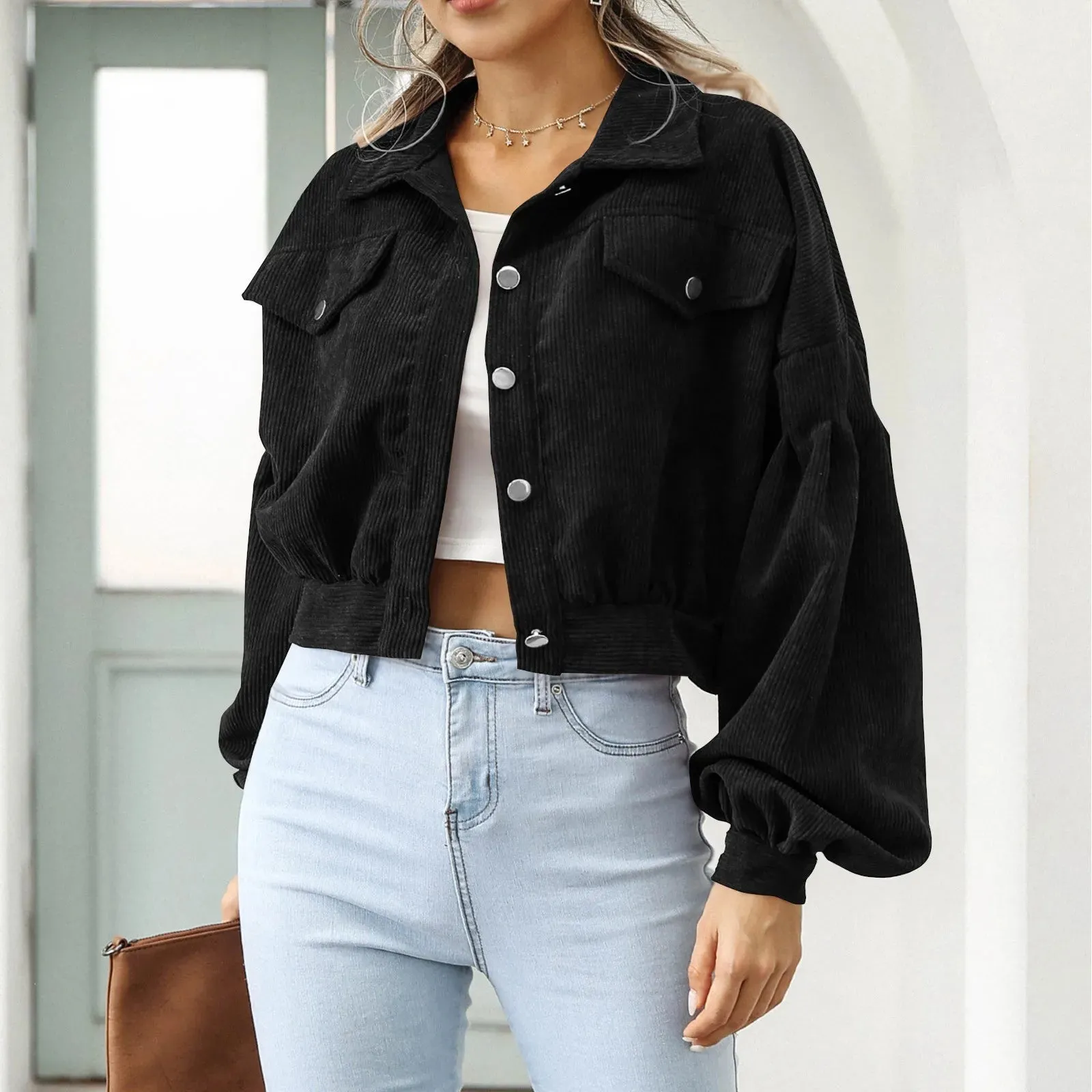 Women Solid Cropped Jackets Coat Long Sleeve With Buttons Chic Tops