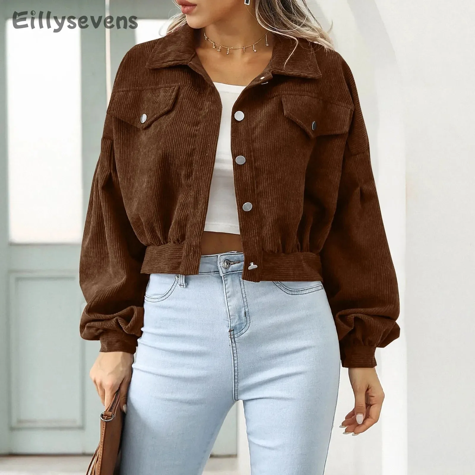 Women Solid Cropped Jackets Coat Long Sleeve With Buttons Chic Tops