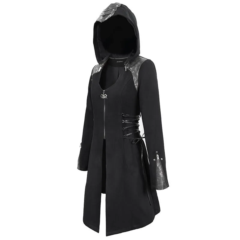 Women's Gothic Long Sleeved Faux Leather Trimmed Long Coat Jacket