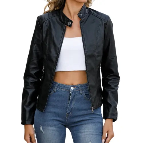 Women's Leather Jacket, Solid Color Slim Fit Zipper Thin Stand Collar Motorcycle Fashion Casual Plus Size Outerwear