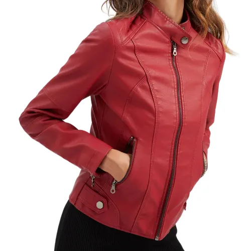 Women's Leather Jacket, Solid Color Slim Fit Zipper Thin Stand Collar Motorcycle Fashion Casual Plus Size Outerwear